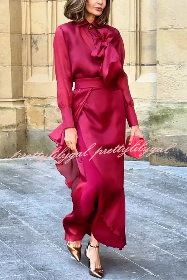 Lily Chiffon Bow Detail Puff Sleeve Blouse and Elegant Layered Maxi Skirt Set
