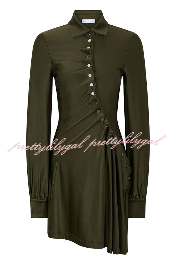 Marvis Button-embellished Long Sleeve Asymmetrical Drape Shirt Midi Dress