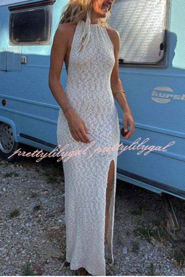 Sexy Backless Halter Neck Slim High Slit Knit Maxi Dress