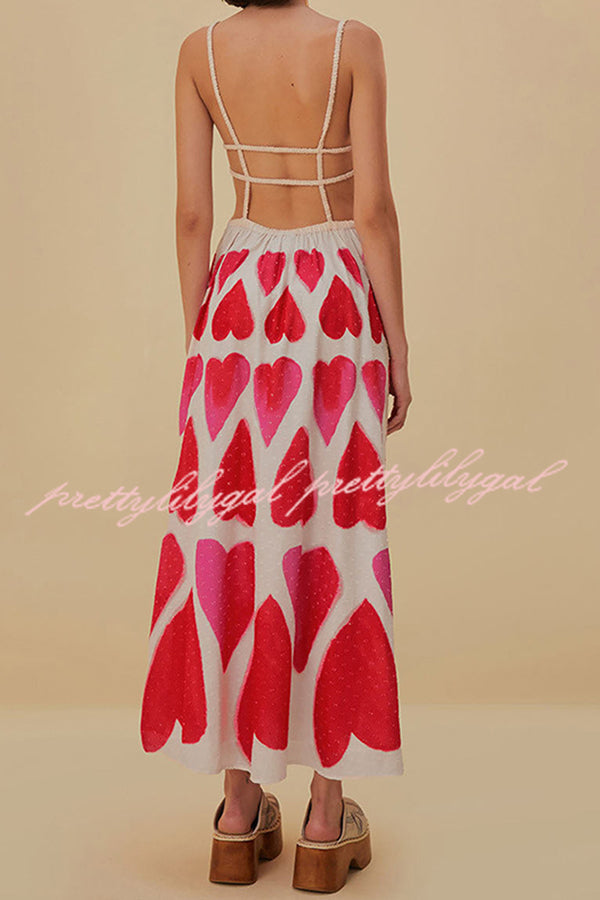 Full of Love Heart Shape Print Cutout Spaghetti Strap Backless Maxi Dress