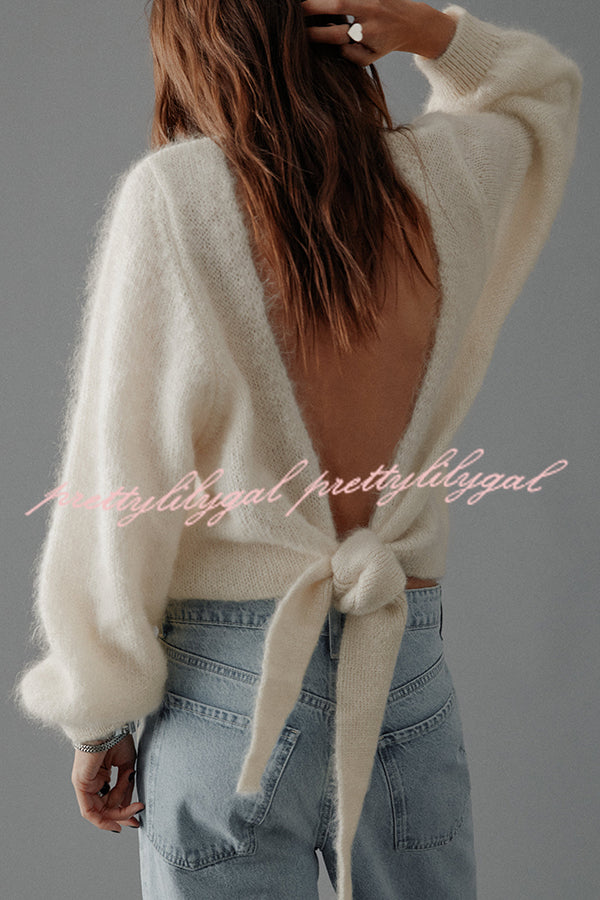 Chunky Season Knit Mohair-blend Long Sleeve Open Back Knot Design Loose Sweater