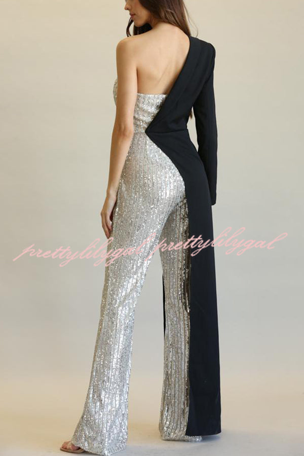 Fashionable Sequined Patchwork One-sided Long-sleeved Asymmetrical Jumpsuit