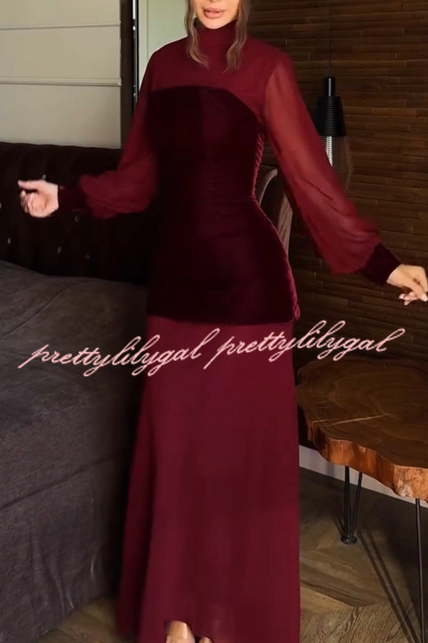 Hildie Chiffon and Two-piece Velvet Lace-up Bra High Neck Long Sleeve Maxi Dress