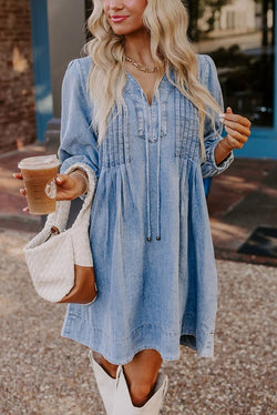 Fate Would Have It Denim Playful Pleats Pocket A-line Mini Dress