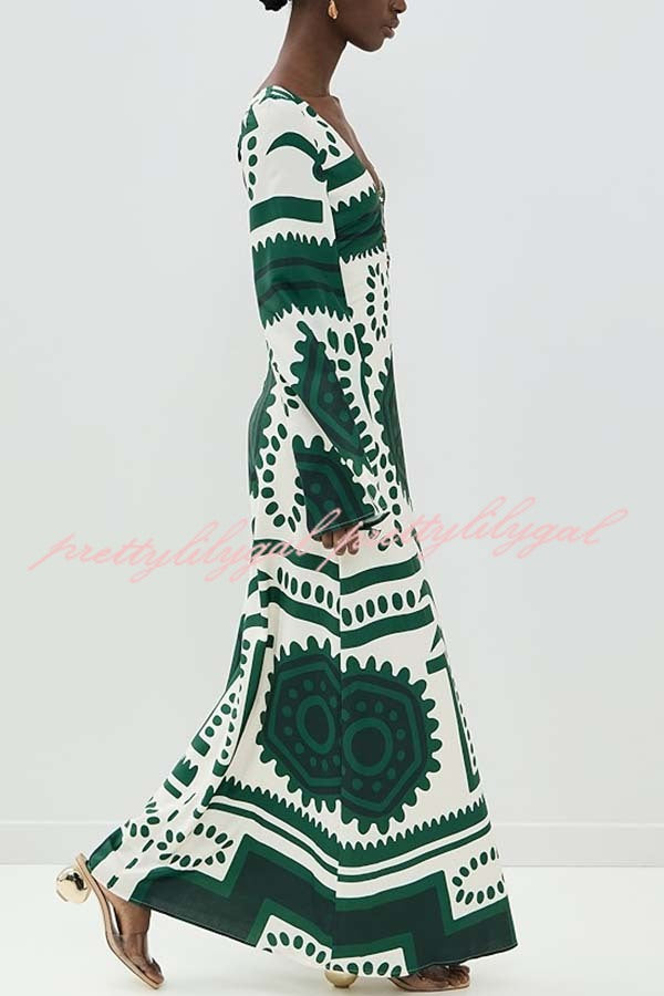 Holiday Fashion Unique Print Front Center Hollow Ring Long Sleeve Maxi Dress