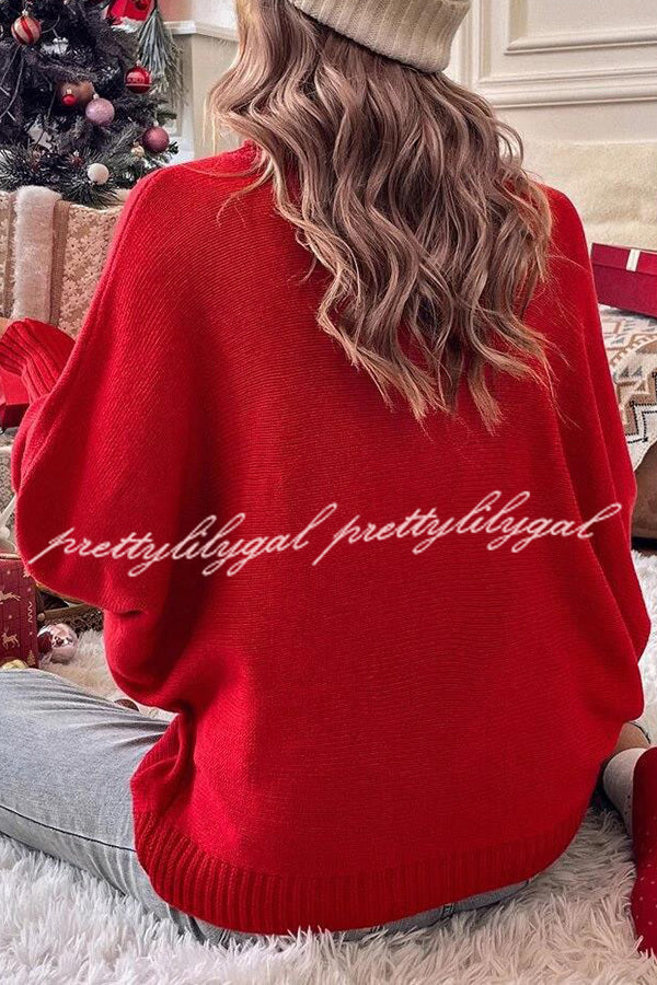 Happy Holidays Contrast Love Letter Turtle Neck Bat Sleeve Sweater