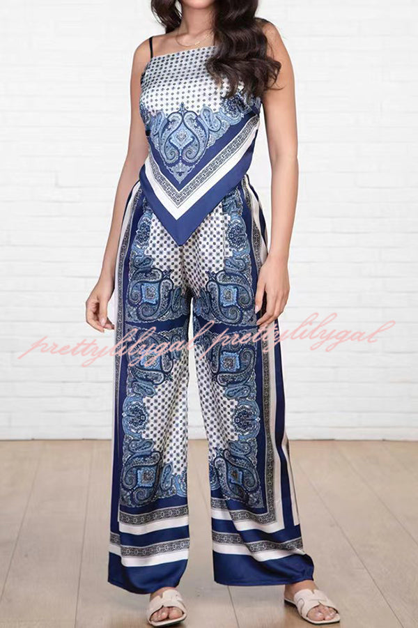 Unique Printed Sling Backless Strappy Top and Elastic Waisted Loose Pants Set