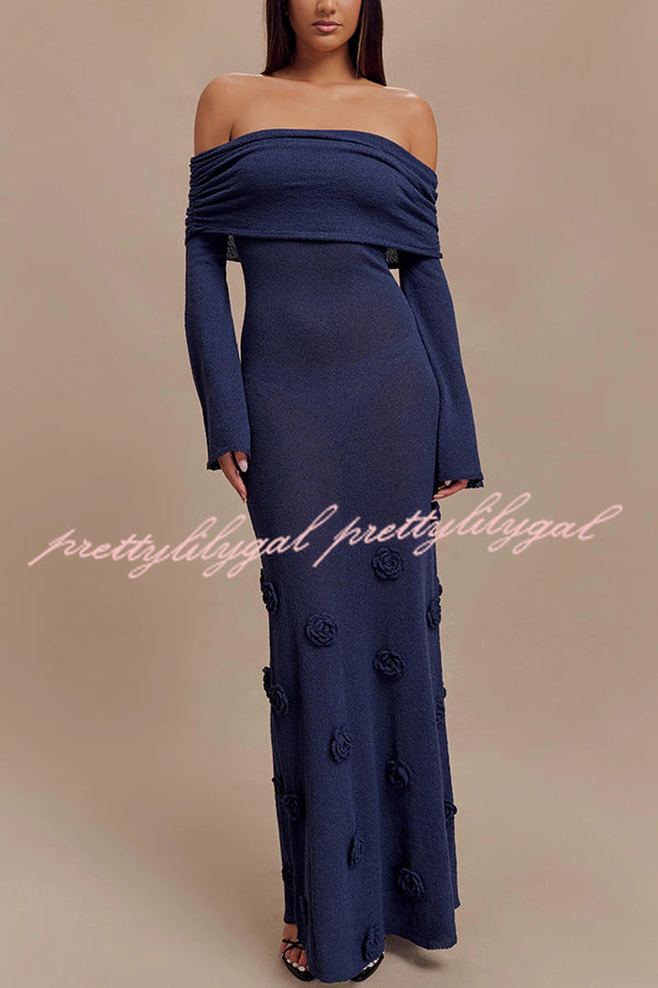 Timeless Sophistication Knit Off Shoulder Rose Detail Stretch Maxi Dress