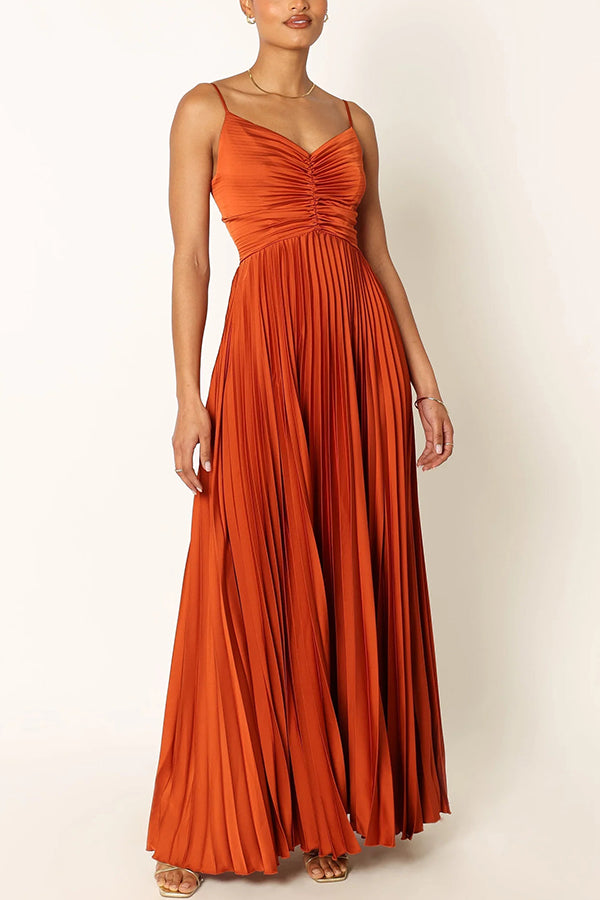 Catch The Light Satin Pleated V-neck Slip Maxi Dress