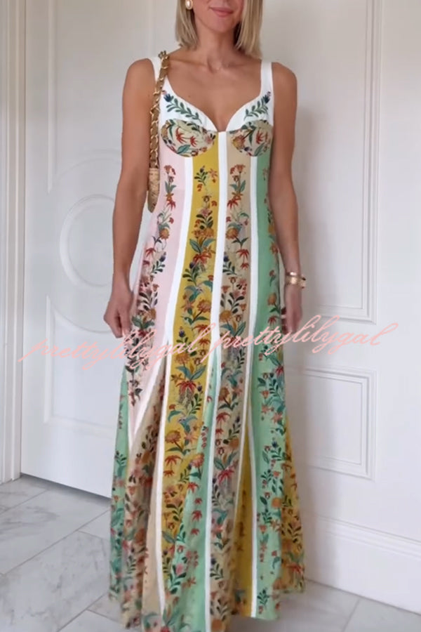 Sweet Garden Linen Blend Color Block Floral Paneled Maxi Dress