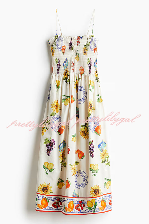 Summer Fruit Print Sling Pleated Vacation Midi Dress
