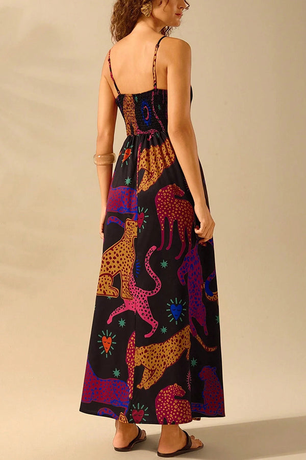 Unique Printed Sling Back Pleated Loose Holiday Maxi Dress