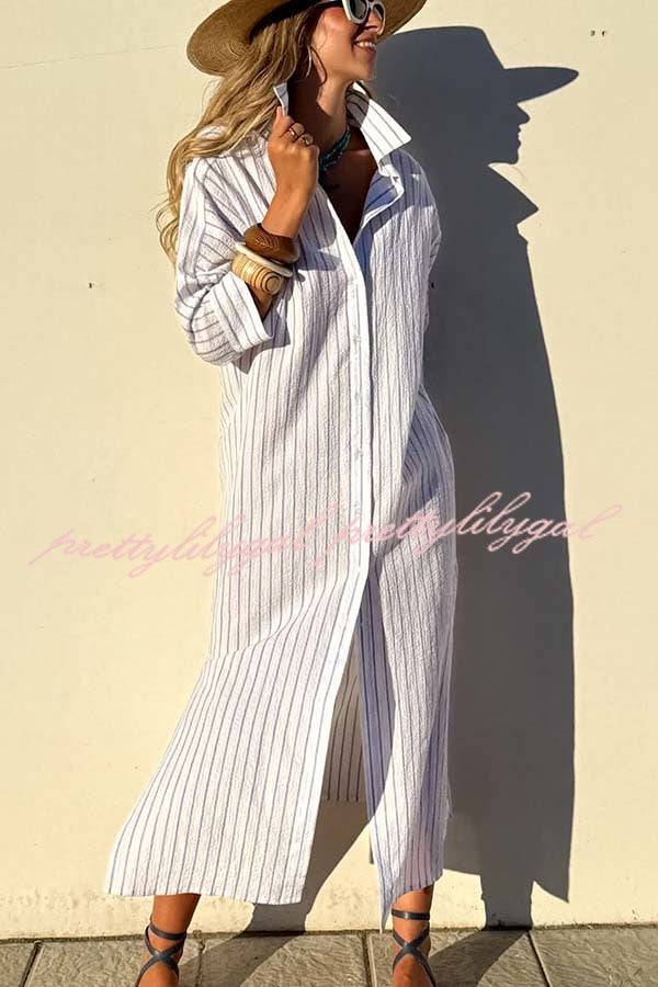 All-match Striped Button Up Half Sleeve Belted Pocket Shirt Midi Dress