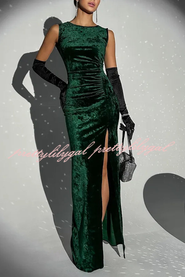 Solid Color Velvet Round Neck Sleeveless Slim Slit Maxi Dress