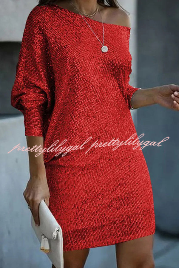 Solid Sequined Off-shoulder Loose Mini Dress