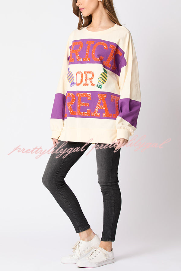 Halloween Letter Sequined Color Block Loose Casual Sweatshirt