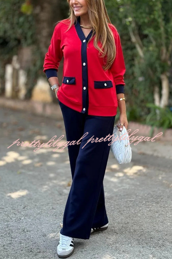 Stylish Color-blocked V-neck Knitted Button-down Cardigan and Elastic Waist Casual Wide-leg Pants Set