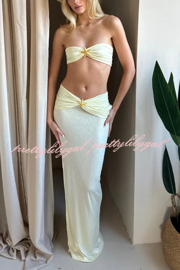 Diosa Gold Starfish Detail Bandeau Top and Ruched Stretch Maxi Skirt Set