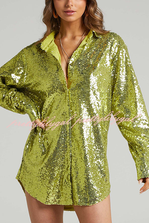 Solid Color Sequined Long-sleeved Casual Mid-length Loose Shirt