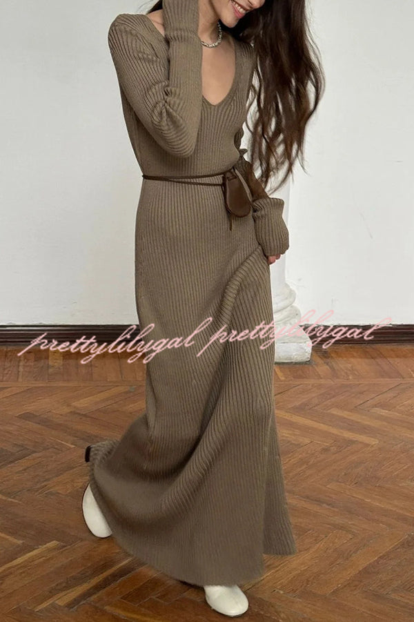 Solid Color V-neck Long-sleeved Slim-fit Elegant Knit Maxi Dress