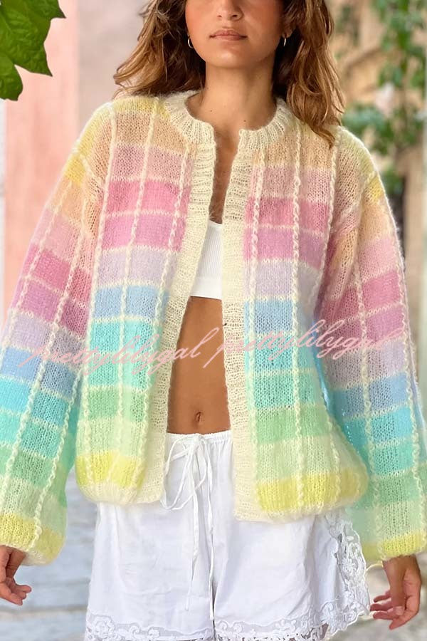 Palette Day Knit Color Blocks Open Front Balloon Sleeve Loose Cardigan
