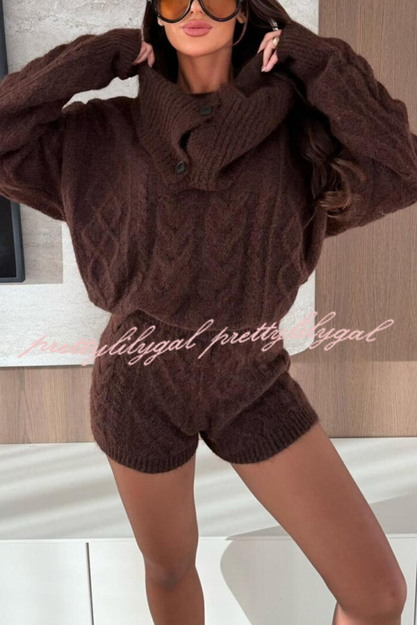 Diviano Cabble Knit Button Scarf Long Sleeve Sweater and Stretch Mini Shorts Set（3 Pieces）