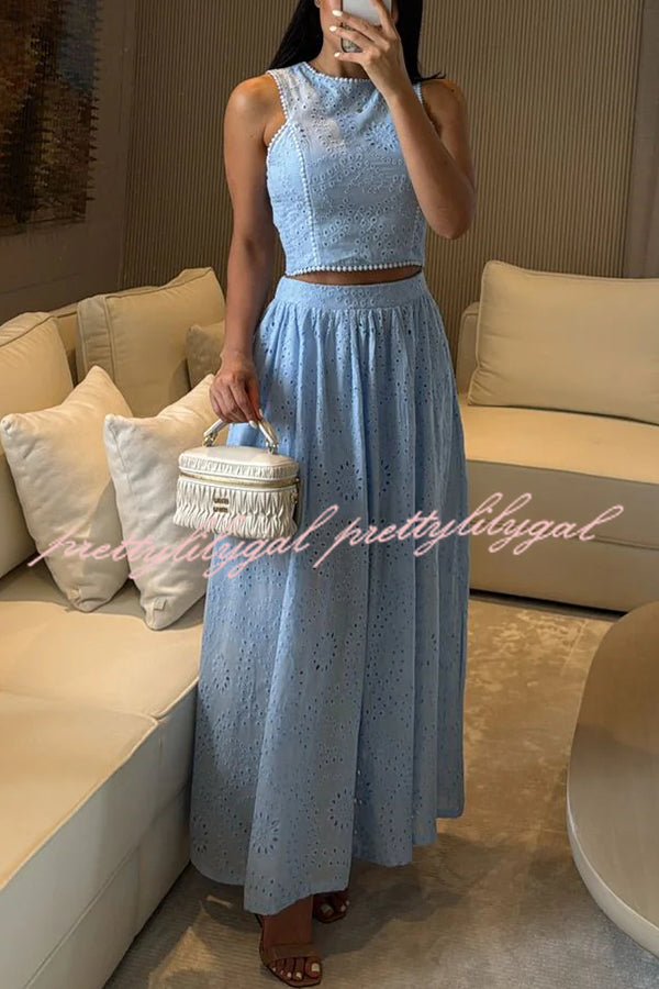 Kaya Embroidery Hollow Lace Back Smocked Tank and Elastic Waist A-line Maxi Skirt Set