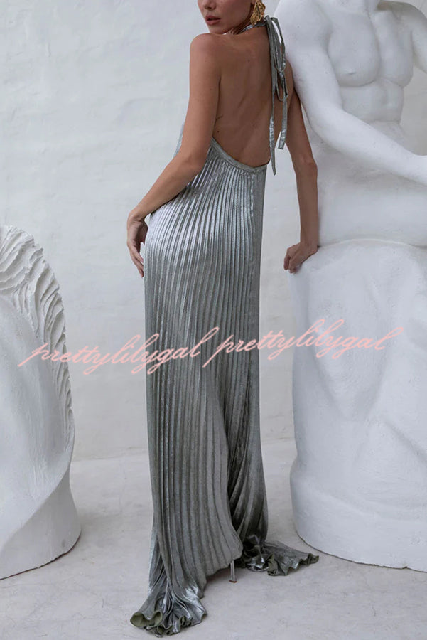 Elegant and Gorgeous Shimmer Fabric Halter A-line Maxi Dress