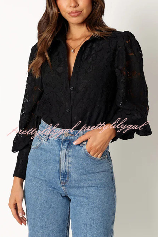 Sexy Hollow Lapel Casual Lace Shirt Top