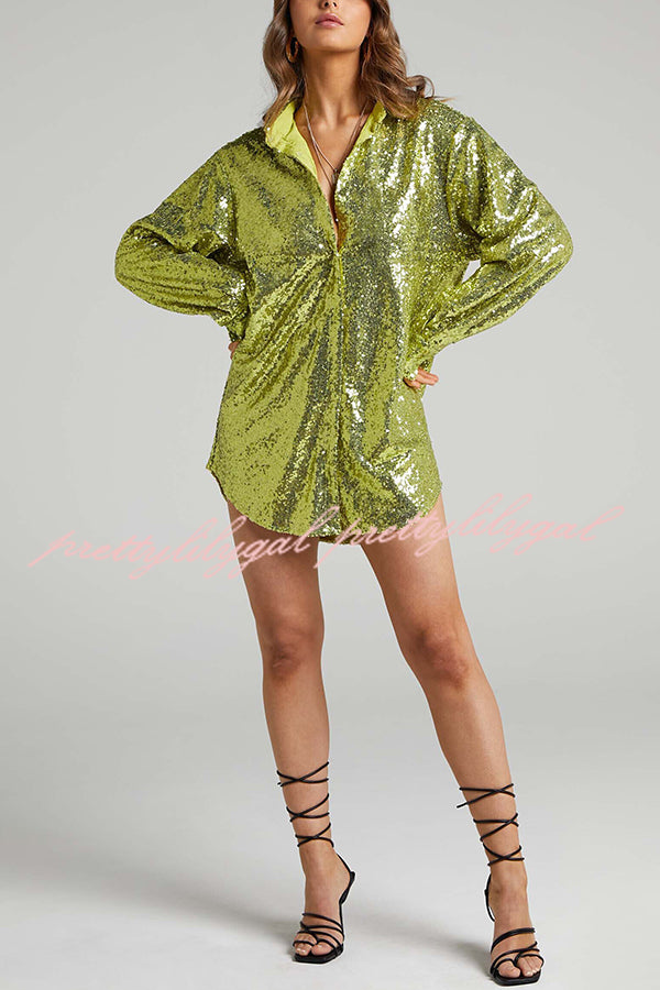 Solid Color Sequined Long-sleeved Casual Mid-length Loose Shirt