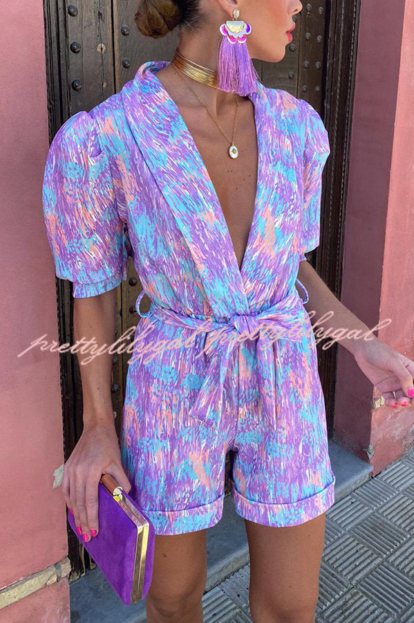 Joyful Smiles Printed Puff Sleeve Lapel Belted Romper