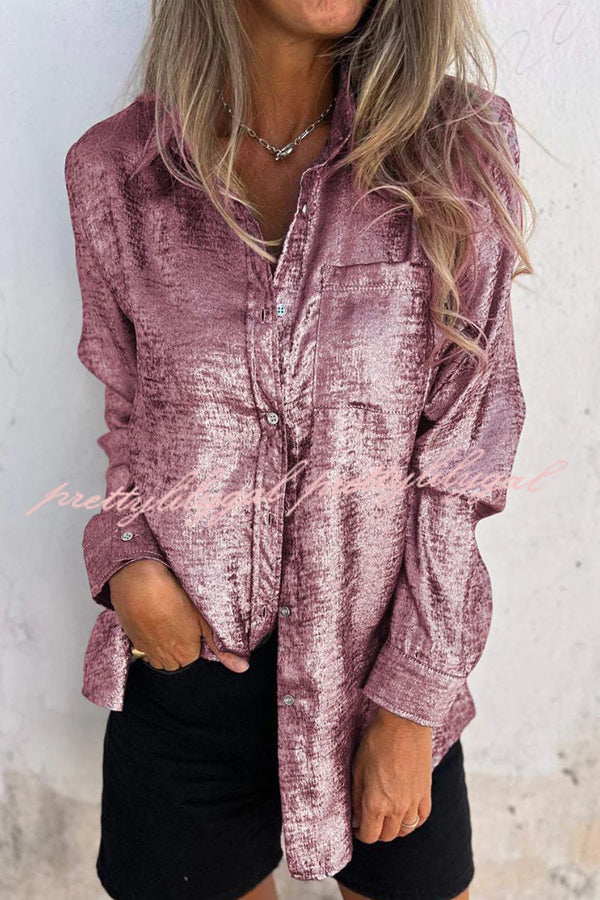 First and Fabulous Metallic Fabric Button Up Long Sleeve Loose Blouse