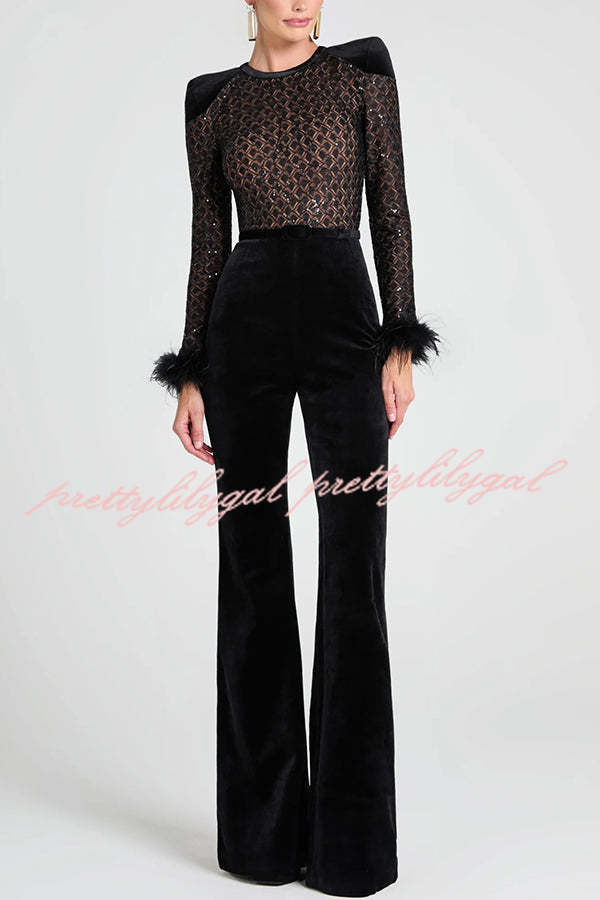 Monique Fish Scale Lace Sequin Velvet Patchwork Feather Trim Stretch Flare Jumpsuit Belted