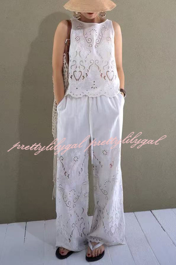 Linen Blend Solid Color Embroidered Hollow Loose Vest and Elastic Waist Casual Pocket Wide Leg Pants Set