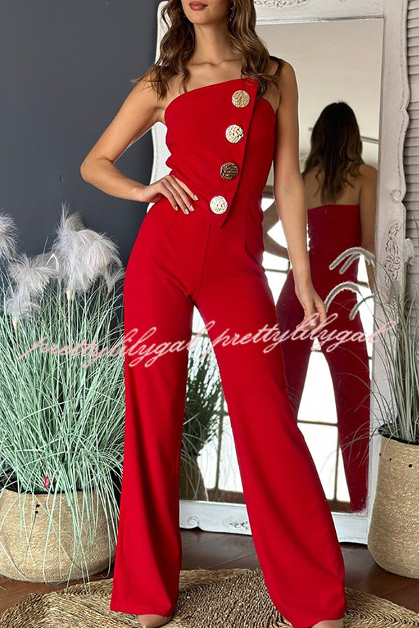 Solid Color Sexy Tube Top Gold Button Embellished Bootcut Jumpsuit