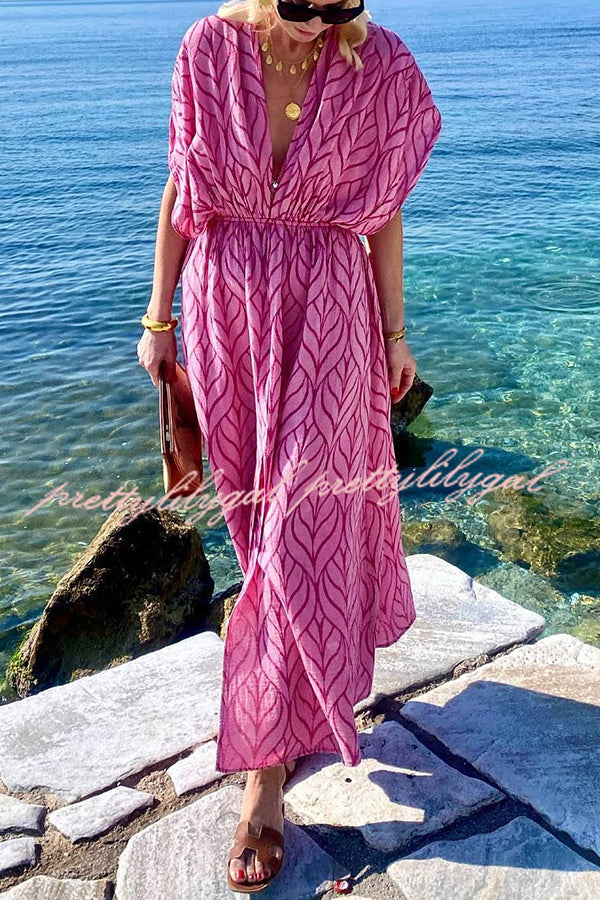 Shells By The Coast Printed Drawstring Design Kimono Beach Maxi Dress