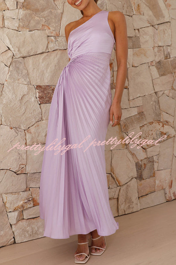 Charming One Shoulder Lace Up Cutout Pleated Maxi Dress