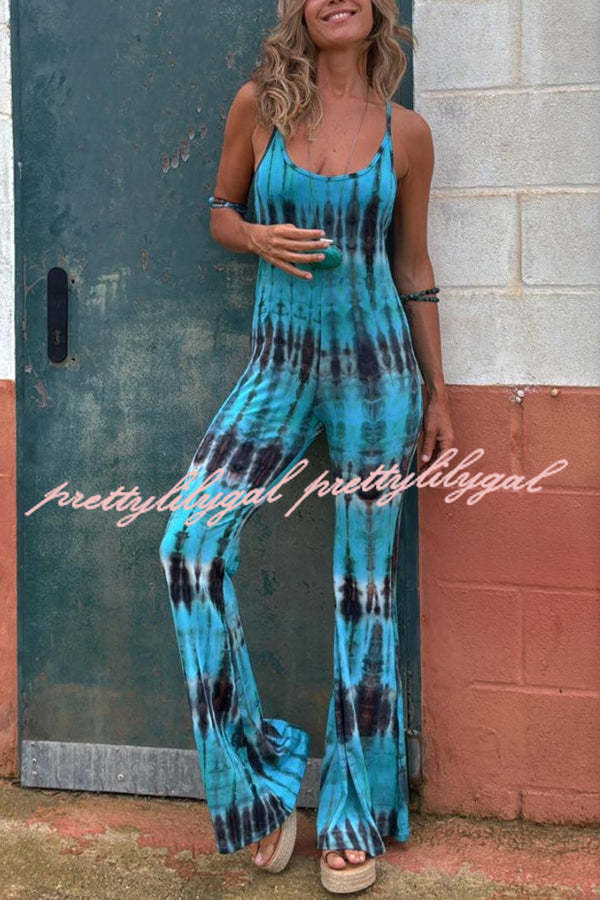 Exclusive Style Tie-dye Print Backless Tie-up Stretch Flared Jumpsuit