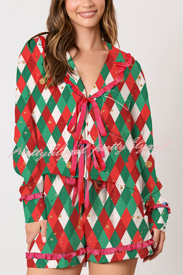 Christmas Holiday Print Bow Tie Long Sleeve and Elastic Waist Loose Shorts Set