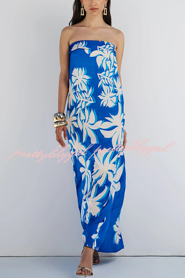 Fashion Vacation Satin Unique Print Off Shoulder Maxi Dress
