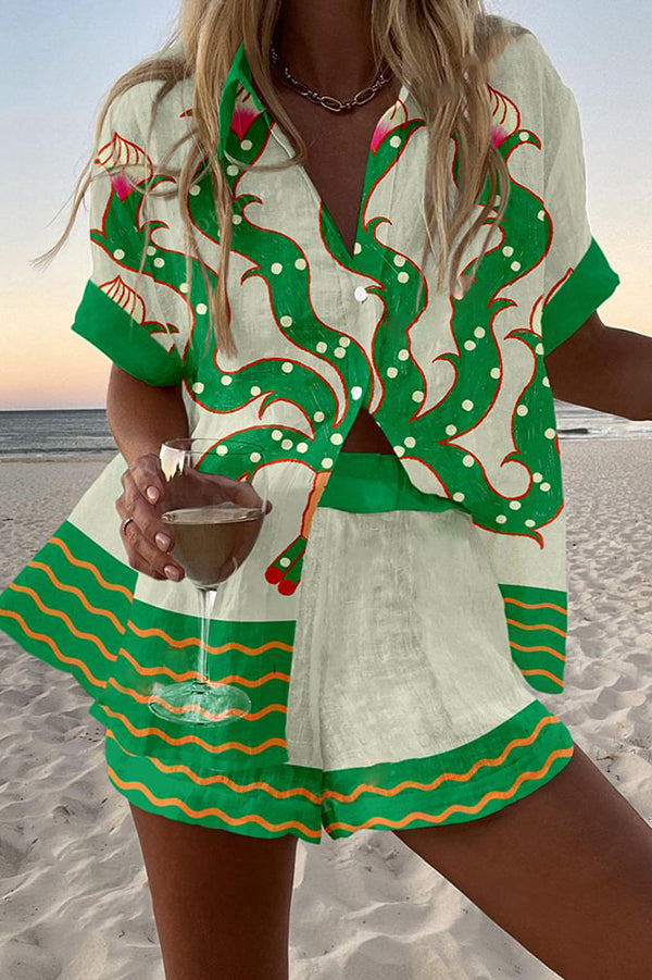 Exotic Plant Print Loose Button Elastic Waist Shorts Set
