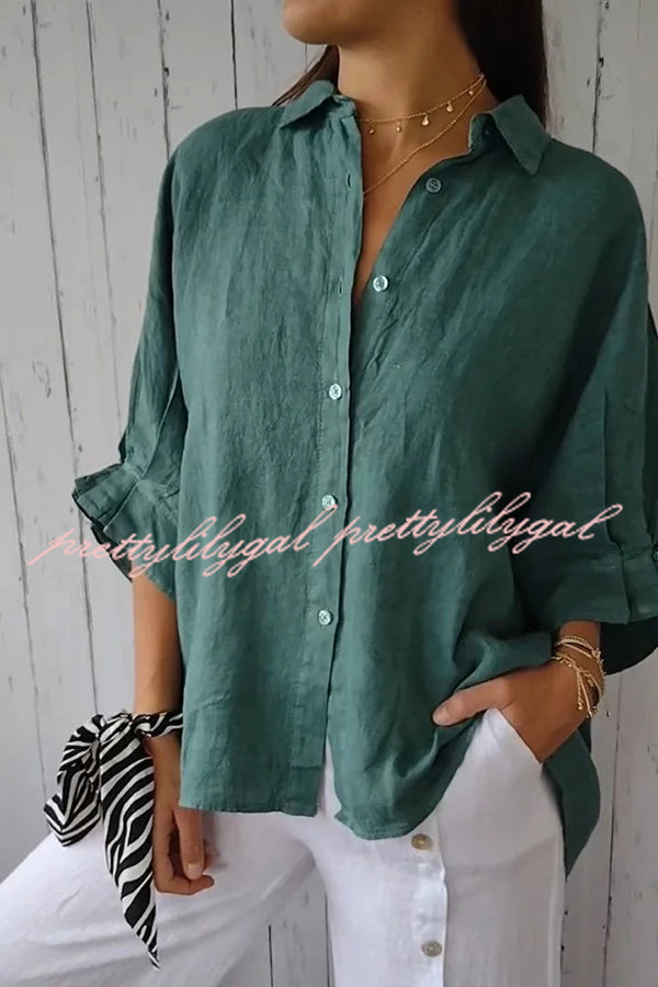 Linen Blend Solid Color Tie Back Loose Shirt Top