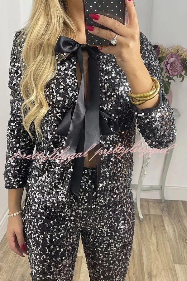 Holiday Cheer Sequin Tie-front Satin Bow Long Sleeve Jacket