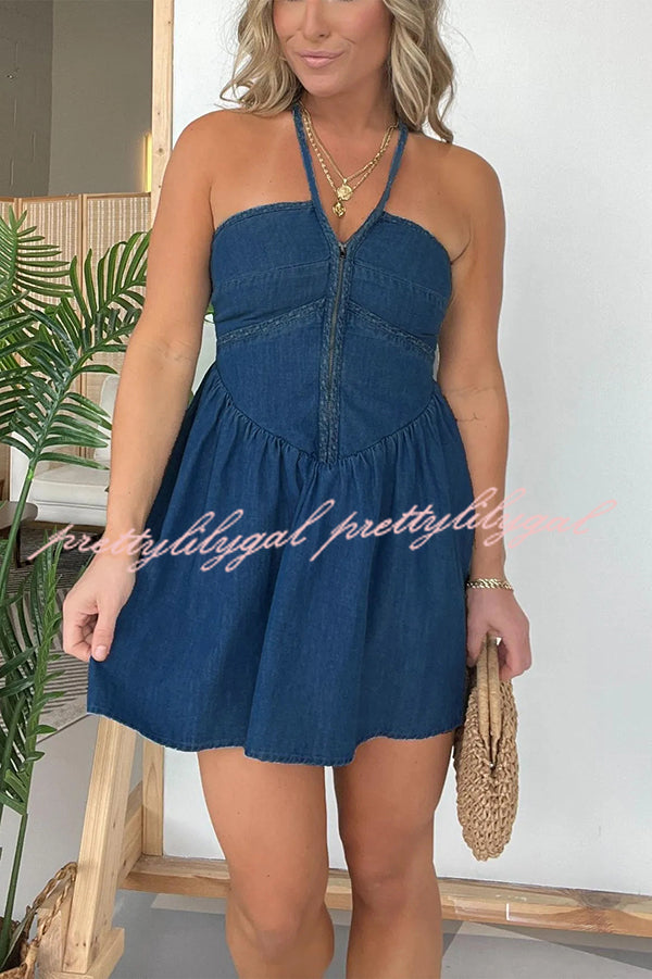 Sexy Halter Neck Backless Front Zip Denim Mini Dress