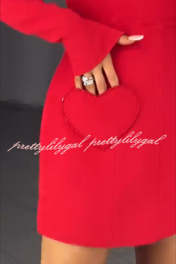 Anna Sparkling Gemstone Trim Heart Pocket Long Sleeve Mini Dress