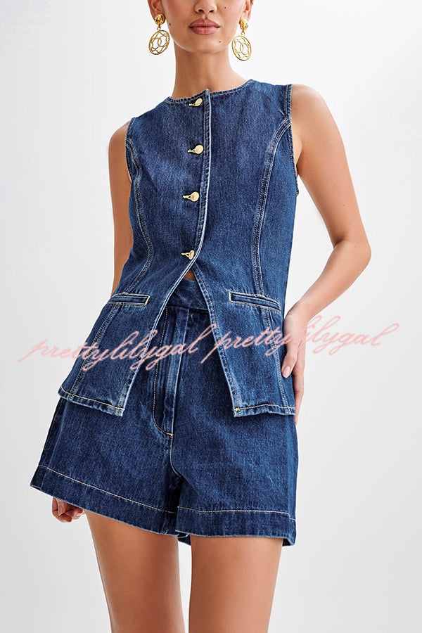 Abel Denim Button Up Princess Seams Pocket Vest Top