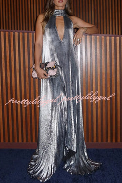 Celebration Party Pleated Metallic Fabric High Deep V-cutout Halter Neck A-line Maxi Dress