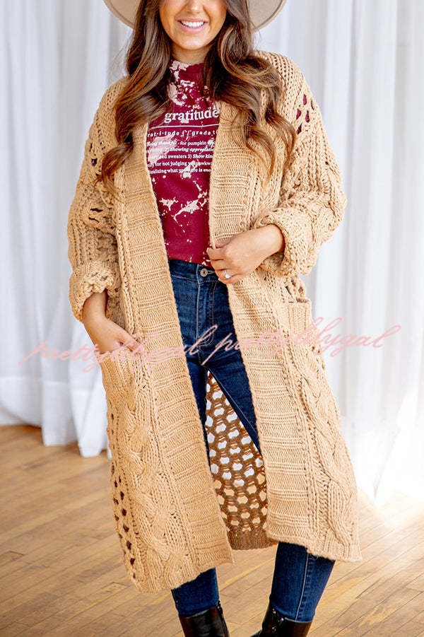 Jamila Knit Cable Cotout Long Sleeve Pocket Oversized Midi Cardigan