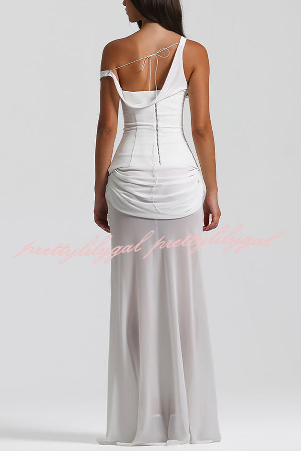 Sculptural Elegance One Shoulder Removable Corset Drape Maxi Dress