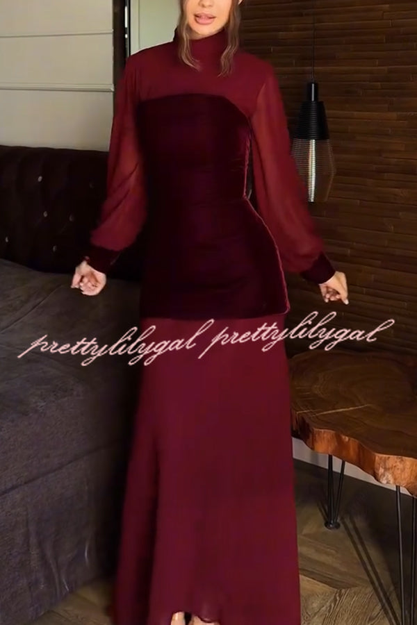 Hildie Chiffon and Two-piece Velvet Lace-up Bra High Neck Long Sleeve Maxi Dress